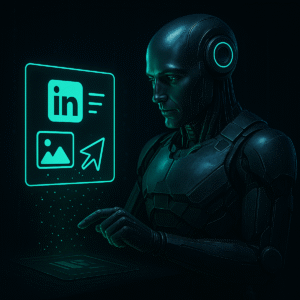 „Agent AI w futurystycznym stylu zarządza publikacją posta na LinkedIn – realistyczna wizualizacja automatyzacji treści w mediach społecznościowych
