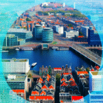 Panorama miasta z lotu ptaka z widokiem na Amsterdam, Rotterdam i Utrecht, z charakterystycznymi budynkami, rzekami i mostami, ukazująca dynamiczne życie miejskie w żywych, kontrastowych kolorach. W tle widać nowoczesne biurowce i przestrzenie biznesowe, symbolizujące rozwój zawodowy i szanse życiowe.
