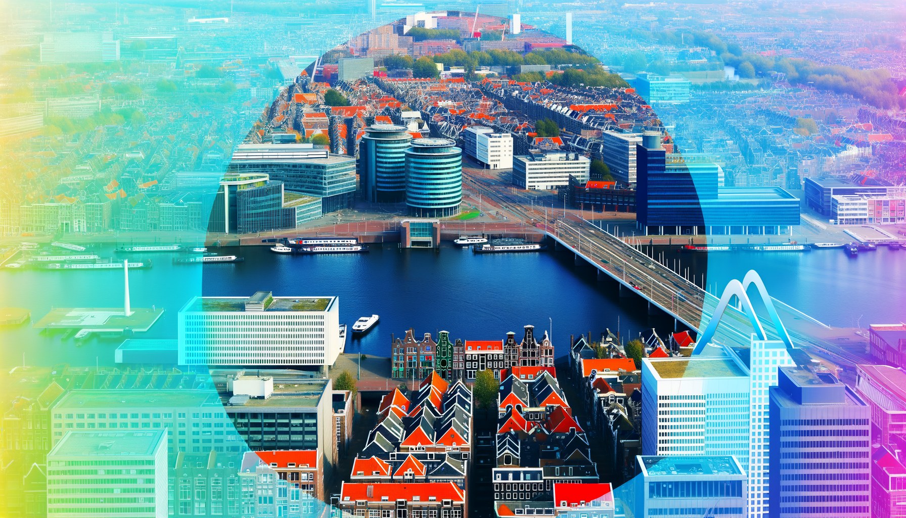 Panorama miasta z lotu ptaka z widokiem na Amsterdam, Rotterdam i Utrecht, z charakterystycznymi budynkami, rzekami i mostami, ukazująca dynamiczne życie miejskie w żywych, kontrastowych kolorach. W tle widać nowoczesne biurowce i przestrzenie biznesowe, symbolizujące rozwój zawodowy i szanse życiowe.