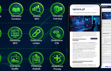 Proces działania Blogera SEO AI – automatyczne pisanie, optymalizacja, tworzenie grafik i publikacja artykułów na stronie internetowej.